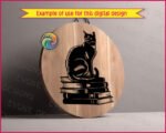 Black silhouette image of a cat sitting gracefully on a stack of books, rendered in a bold silhouette style. The cat’s sleek fur, curved tail, and poised posture create a striking, detailed design that stands out beautifully. The cat is sitting on five large hardcover books.