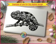 Black silhouette image of a chameleon perched on a branch, featuring intricate textured lines that highlight its curled tail, curved body, and distinctive eyes.