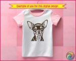 Silhouette image of a adorable chihuahua dog, featuring large upright ears, wide expressive eyes, a short muzzle, and a small compact body. Clean bold outlines capture the chihuahua’s distinctive alert stance and fine facial details.