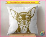 Silhouette image of a adorable chihuahua dog, featuring large upright ears, wide expressive eyes, a short muzzle, and a small compact body. Clean bold outlines capture the chihuahua’s distinctive alert stance and fine facial details.