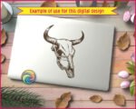 Silhouette image of a bull or cow skull with long, curved horns and intricate linework highlighting the bone structure. The skull is symmetrical with deep hollows for the eyes and a narrow elongated nose. Bold outlines and sharp contrasts give it a realistic yet stylised look, capturing a rugged Western and rustic style.