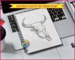 Silhouette image of a bull or cow skull with long, curved horns and intricate linework highlighting the bone structure. The skull is symmetrical with deep hollows for the eyes and a narrow elongated nose. Bold outlines and sharp contrasts give it a realistic yet stylised look, capturing a rugged Western and rustic style.