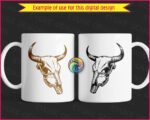 Silhouette image of a bull or cow skull with long, curved horns and intricate linework highlighting the bone structure. The skull is symmetrical with deep hollows for the eyes and a narrow elongated nose. Bold outlines and sharp contrasts give it a realistic yet stylised look, capturing a rugged Western and rustic style.