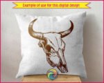 Silhouette image of a bull or cow skull with long, curved horns and intricate linework highlighting the bone structure. The skull is symmetrical with deep hollows for the eyes and a narrow elongated nose. Bold outlines and sharp contrasts give it a realistic yet stylised look, capturing a rugged Western and rustic style.