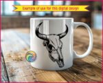 Silhouette image of a bull or cow skull with long, curved horns and intricate linework highlighting the bone structure. The skull is symmetrical with deep hollows for the eyes and a narrow elongated nose. Bold outlines and sharp contrasts give it a realistic yet stylised look, capturing a rugged Western and rustic style.