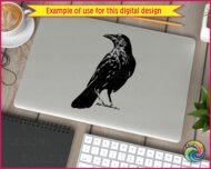 Silhouette of a standing crow, shown in an alert side profile. The crow has a sleek body, a strong, slightly curved beak, and a smooth, rounded head. Its wings are folded neatly against its body, and its legs are straight with sharp claws. The tail feathers extend slightly downward, completing the bird’s distinctive, upright posture.