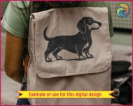 Black silhouette image of a dachshund with a long body, short legs, and floppy ears. The wiener sausage dog's playful stance captures its lively spirit.