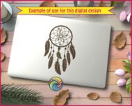 Silhouette image of a dreamcatcher featuring a beautifully detailed circular web with an intricate spiral center and evenly spaced connecting strands. Hanging below are elegant feathers and round beads that sway from delicate strings, creating a balanced, flowing design. Each feather is finely detailed, giving the piece a graceful, airy look reminiscent of traditional dreamcatcher artistry and bohemian charm.