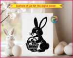 Silhouette of a bunny rabbit sitting bright-eyed and cheerful, holding a woven basket packed with charming Easter eggs. Soft whiskers, sweet paws, fluffy tail, and bold silhouette lines give this bunny-with-easter-eggs design a warm spring sparkle.