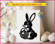Silhouette of a bunny rabbit sitting bright-eyed and cheerful, holding a woven basket packed with charming Easter eggs. Soft whiskers, sweet paws, fluffy tail, and bold silhouette lines give this bunny-with-easter-eggs design a warm spring sparkle.