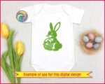 Silhouette of a bunny rabbit sitting bright-eyed and cheerful, holding a woven basket packed with charming Easter eggs. Soft whiskers, sweet paws, fluffy tail, and bold silhouette lines give this bunny-with-easter-eggs design a warm spring sparkle.