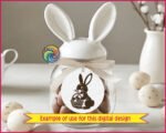 Silhouette of a bunny rabbit sitting bright-eyed and cheerful, holding a woven basket packed with charming Easter eggs. Soft whiskers, sweet paws, fluffy tail, and bold silhouette lines give this bunny-with-easter-eggs design a warm spring sparkle.