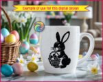 Silhouette of a bunny rabbit sitting bright-eyed and cheerful, holding a woven basket packed with charming Easter eggs. Soft whiskers, sweet paws, fluffy tail, and bold silhouette lines give this bunny-with-easter-eggs design a warm spring sparkle.