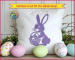 Silhouette of a bunny rabbit sitting bright-eyed and cheerful, holding a woven basket packed with charming Easter eggs. Soft whiskers, sweet paws, fluffy tail, and bold silhouette lines give this bunny-with-easter-eggs design a warm spring sparkle.