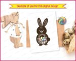 Black silhouette image of an adorable Easter bunny full of springtime charm. The bunny has tall floppy ears, a round chubby body, and a sweet little face that feels friendly and playful. It holds a woven basket packed with colorful Easter eggs, each one softly rounded and cheerful. The bold silhouette is accented with simple details, giving it a cute folk-art look that pops beautifully.