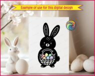 Black silhouette image of an adorable Easter bunny full of springtime charm. The bunny has tall floppy ears, a round chubby body, and a sweet little face that feels friendly and playful. It holds a woven basket packed with colorful Easter eggs, each one softly rounded and cheerful. The bold silhouette is accented with simple details, giving it a cute folk-art look that pops beautifully.