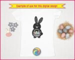 Black silhouette image of an adorable Easter bunny full of springtime charm. The bunny has tall floppy ears, a round chubby body, and a sweet little face that feels friendly and playful. It holds a woven basket packed with colorful Easter eggs, each one softly rounded and cheerful. The bold silhouette is accented with simple details, giving it a cute folk-art look that pops beautifully.