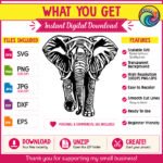 Silhouette of a elephant with big ears, a long wrinkled trunk, curved tusks, thick wrinkled skin and sturdy legs.