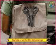 Silhouette of a elephant with big ears, a long wrinkled trunk, curved tusks, thick wrinkled skin and sturdy legs.