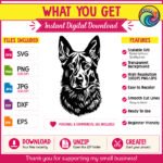Silhouette of a german shepherd, or alsatian dog, with a strong and chiseled head, a long muzzle, erect pointed ears, intelligent almond-shaped eyes, and a black nose.