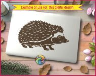 Silhouette image of a cute little hedgehog with detailed quills, a rounded body, and a cute smiling face. Its spiky back contrasts with smooth lines for the legs and snout, creating a bold silhouette.