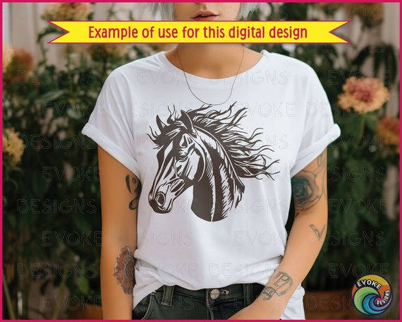 Black silhouette image of a noble horse's head, eyes deep and wise, framed by a flowing mane that ripples like silk, catching the wind in elegant motion.