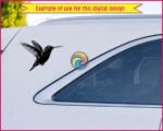 Black image of a silhouette of a hummingbird design featuring a long slender beak, rounded head, bright eye, and clean feather markings across the wings, tail, and body. The wings are shown fully extended, capturing the sharp lines and layered structure of each feather.