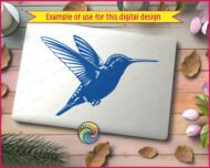 Black image of a silhouette of a hummingbird design featuring a long slender beak, rounded head, bright eye, and clean feather markings across the wings, tail, and body. The wings are shown fully extended, capturing the sharp lines and layered structure of each feather.