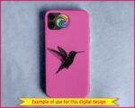 Black image of a silhouette of a hummingbird design featuring a long slender beak, rounded head, bright eye, and clean feather markings across the wings, tail, and body. The wings are shown fully extended, capturing the sharp lines and layered structure of each feather.