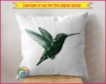 Black image of a silhouette of a hummingbird design featuring a long slender beak, rounded head, bright eye, and clean feather markings across the wings, tail, and body. The wings are shown fully extended, capturing the sharp lines and layered structure of each feather.