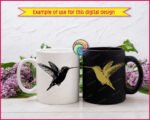 Black image of a silhouette of a hummingbird design featuring a long slender beak, rounded head, bright eye, and clean feather markings across the wings, tail, and body. The wings are shown fully extended, capturing the sharp lines and layered structure of each feather.