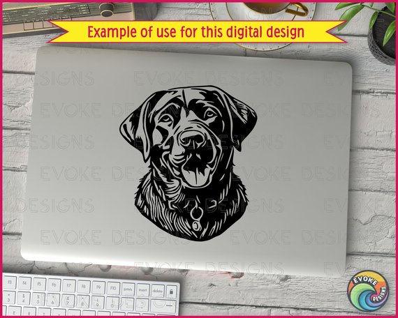 Black silhouette image of a labrador retriever with a broad, friendly head with warm, expressive eyes, floppy ears, and a strong muzzle. Gentle, intelligent, and eager to please.