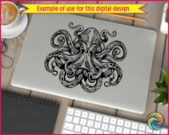Black silhouette image of a octopus with a symmetrical design. The octopus has a large rounded head with detailed linework and intense eyes. Its swirling tentacles extend outward in intricate curves, featuring suction cup patterns and textured shading. The overall design is highly detailed, ornate, and striking in a vector-style design.
