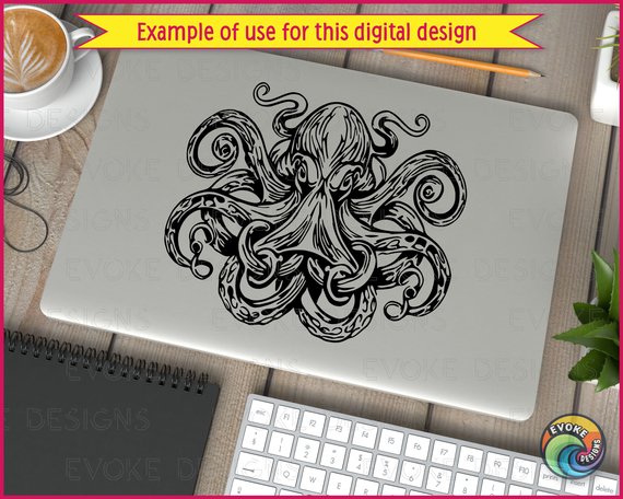 Black silhouette image of a octopus with a symmetrical design. The octopus has a large rounded head with detailed linework and intense eyes. Its swirling tentacles extend outward in intricate curves, featuring suction cup patterns and textured shading. The overall design is highly detailed, ornate, and striking in a vector-style design.