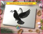 Black silhouette image of a graceful peace dove soaring with wings wide open, carrying a delicate olive branch as a timeless symbol of peace, hope, and harmony. The bold silhouette features smooth flowing wings, soft feather curves, and a calm, gentle expression. Strong contrast and clean lines give this dove a classic, elegant look that feels both powerful and peaceful.