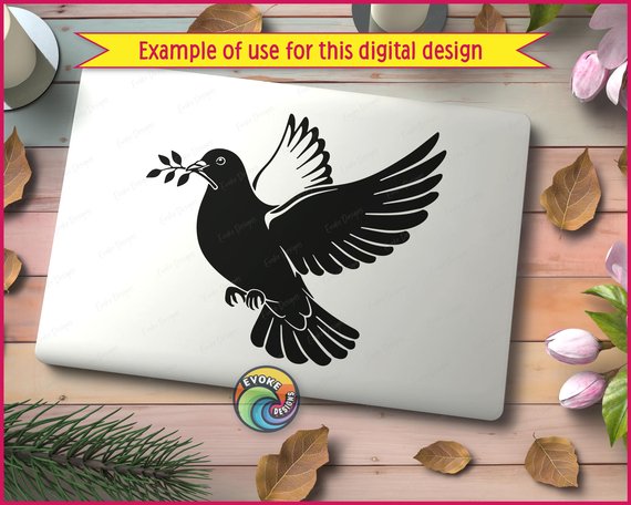 Black silhouette image of a graceful peace dove soaring with wings wide open, carrying a delicate olive branch as a timeless symbol of peace, hope, and harmony. The bold silhouette features smooth flowing wings, soft feather curves, and a calm, gentle expression. Strong contrast and clean lines give this dove a classic, elegant look that feels both powerful and peaceful.