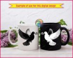 Black silhouette image of a graceful peace dove soaring with wings wide open, carrying a delicate olive branch as a timeless symbol of peace, hope, and harmony. The bold silhouette features smooth flowing wings, soft feather curves, and a calm, gentle expression. Strong contrast and clean lines give this dove a classic, elegant look that feels both powerful and peaceful.