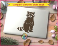 Black silhouette image of a playful raccoon standing upright with a cheeky grin and its signature masked face, showing off that mischievous, curious personality raccoons are known for. Its fluffy tail and clever stance make it look ready to sneak a snack or cause a little harmless trouble.