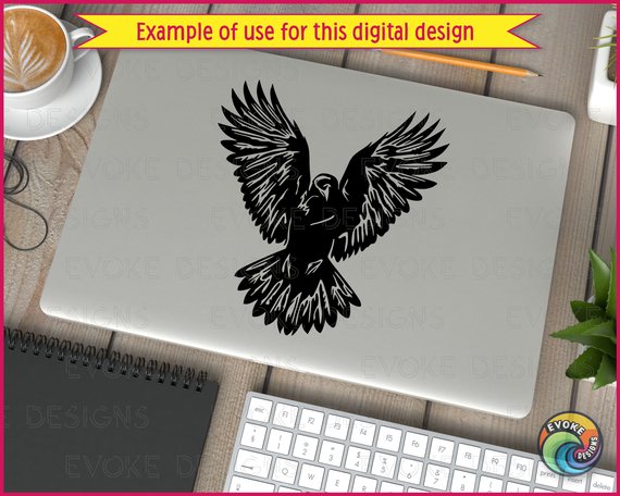 Silhouette image of a raven in flight, with wings fully extended and tail feathers fanned out. The raven has a strong, curved beak, a prominent head, and detailed feather shapes along its wings and tail. The black crow's powerful, outstretched form creates a striking and dramatic mid-air pose.