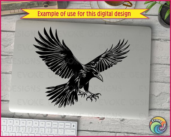 Black silhouette image of a silhouette of a raven in mid-flight. The bird is shown with wings fully spread, feathers fanned out dramatically, and claws extended as if preparing to land. The sharp beak, layered wing feathers, and flowing tail create a striking, gothic, and powerful design.