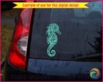 Silhouette of a seahorse with intricate tribal-style detailing. The seahorse features a curled tail, segmented body, spiky crest, and textured fins. Bold lines and decorative patterns emphasize the elegant shape of the seahorse, giving it a striking, ornamental, and symmetrical appearance.