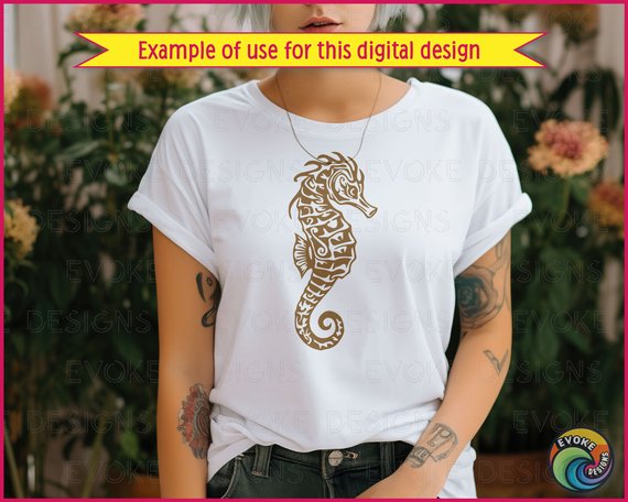 Silhouette of a seahorse with intricate tribal-style detailing. The seahorse features a curled tail, segmented body, spiky crest, and textured fins. Bold lines and decorative patterns emphasize the elegant shape of the seahorse, giving it a striking, ornamental, and symmetrical appearance.