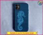 Silhouette of a seahorse with intricate tribal-style detailing. The seahorse features a curled tail, segmented body, spiky crest, and textured fins. Bold lines and decorative patterns emphasize the elegant shape of the seahorse, giving it a striking, ornamental, and symmetrical appearance.