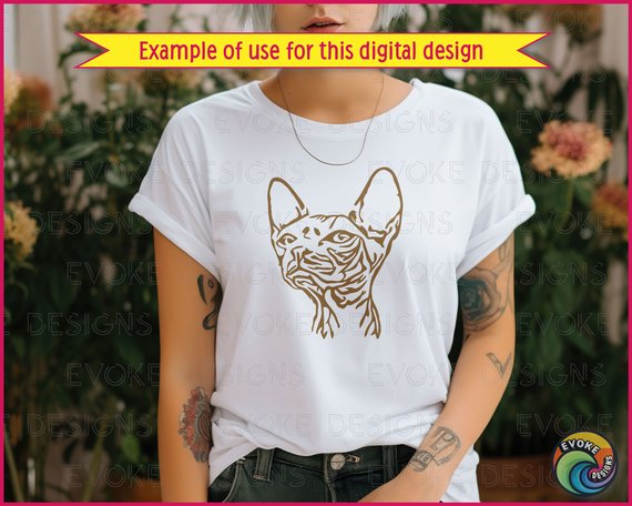 Black silhouette image of a outline of a sphynx cat’s head, drawn in a striking vector style. The cat is shown facing forward with its large, upright ears prominently displayed, capturing the distinctive look of the sphynx breed. Its almond-shaped eyes are framed by dramatic lines, while the unique wrinkles and folds of the sphynx cat’s skin are emphasized with flowing black contours. The strong contrast between the clean white background and the thick, stylized black lines creates a sharp and detailed design. The overall look is modern, sleek, and highly recognizable as the iconic hairless sphynx cat.