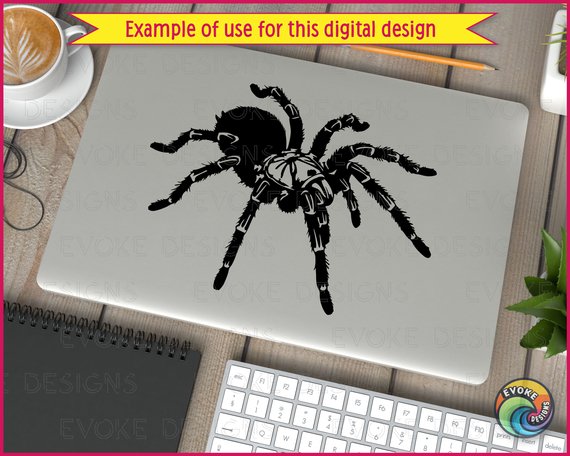 Silhouette image of a tarantula spider with a bold and striking design. The spider has thick, hairy legs that curve outward with lifelike texture, giving it a realistic and slightly intimidating presence. Its body is full and rounded, with distinct segmentation and intricate detail. The tarantula’s fangs are prominently visible, large and sharp, adding to the dramatic and fierce appearance.