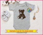 Black silhouette image of a sweet teddy bear sitting with a gentle smile and a cozy, cuddly shape that feels warm and friendly. Rounded ears, chubby paws, and soft curves give this teddy bear a classic storybook look. The bold silhouette is clean and smooth, with simple highlights that make the bear feel plush and lovable. Its seated pose feels calm and comforting, like a favorite childhood toy waiting for a hug.