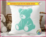 Black silhouette image of a sweet teddy bear sitting with a gentle smile and a cozy, cuddly shape that feels warm and friendly. Rounded ears, chubby paws, and soft curves give this teddy bear a classic storybook look. The bold silhouette is clean and smooth, with simple highlights that make the bear feel plush and lovable. Its seated pose feels calm and comforting, like a favorite childhood toy waiting for a hug.