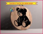 Black silhouette image of a sweet teddy bear sitting with a gentle smile and a cozy, cuddly shape that feels warm and friendly. Rounded ears, chubby paws, and soft curves give this teddy bear a classic storybook look. The bold silhouette is clean and smooth, with simple highlights that make the bear feel plush and lovable. Its seated pose feels calm and comforting, like a favorite childhood toy waiting for a hug.