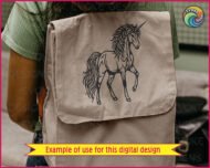 Detailed vector image of a unicorn. The unicorn is shown in a proud, majestic pose with one front leg lifted as if stepping forward. Its flowing mane and long, wavy tail are drawn with bold, sweeping lines that add movement and texture. The unicorn’s horn is long, straight, and sharply pointed, extending upward from its forehead. Strong, muscular legs and a gracefully arched neck emphasize the creature’s strength and elegance. The intricate linework highlights the mythical and magical qualities of this legendary animal, giving it a striking and powerful appearance.