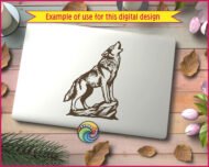 Silhouette image of a howling wolf standing proudly on a rock. The artwork captures the wolf’s thick fur, pointed ears, long tail, and strong stance with sharp vector-style lines. Striking silhouette highlights the wild, fierce spirit of the animal.